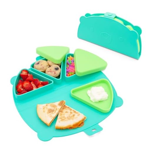 321 Grow Silicone On-The-Go Snack Mat – Foldable Reusable Placemat with 3 Compartments and Lids – Travel-Friendly Baby and Toddler Snack Plate – Dishwasher Safe (Aqua)