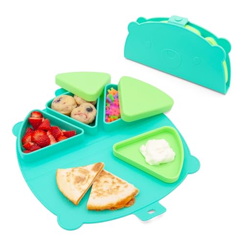 Image of 321 Grow Silicone On-The-Go Snack Mat – Foldable Reusable Placemat with 3 Compartments and Lids – Travel-Friendly Baby and Toddler Snack Plate – Dishwasher Safe (Aqua)