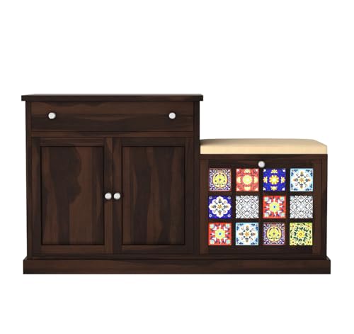 Image of The Attic Lewiston Shoerack, Shoe Storage Cabinet for Home, Shoe Rack with Seat & Door, Shoe Organizer, Shoe Rack for Home, Walnut Matte Finish