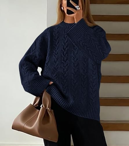 Okiwam Women's Oversized Sweaters Crewneck Cable Knit Pullover Casual Loose Fall Outfits Fashion Clothes 2025