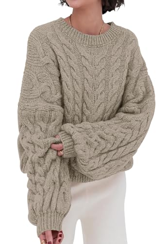 Image of PRETTYGARDEN Womens Sweaters Spring 2026 Cable Knit Long Sleeve Crewneck Oversized Sweater Chunky Pullover Loose Outfits