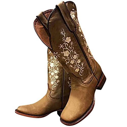 JFISQ Stivali Da Equitazione Donna Ricamati Floreali Stivali Western Texani Rétro Autunno Inverno Con Tacco Largo Stivali Slip-On Con Gamba Lunga Stivali Da Motociclista Da Esterno Oversize,Marrone,39