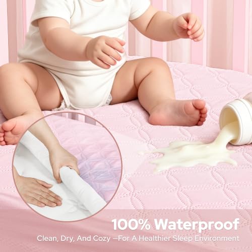 Image of BEDLORE Waterproof Crib Mattress Protector 2-Pack Soft Pink 52 inchx28 inch | Soft and Breathable Crib Mattress Pad Cover Noiseless Machine Washable Protector for Standard Baby Toddler Bed