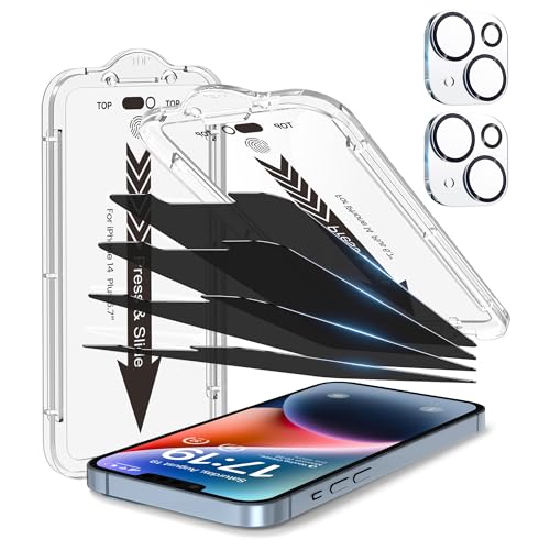 EZ-GLAZ 4-Pack Screen Protector for iPhone 14 Plus 6.7 inch Black Privacy with Flawless Fit Kit + 2-Pack Camera Lens Protector 15-Second Bubble-Free Installation 9H Hardness 12FT Military Grade Shatterproof Scratch Resistant Tempered Glass