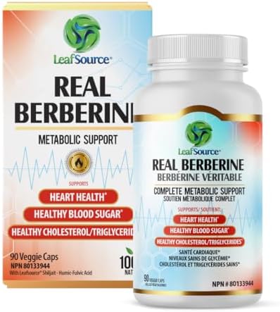 LeafSource Real Berberine 1000mg Daily Dose, Made in Canada, Enhanced with Fulvic Acid, Humic Acid & Ceylon Cinnamon, Blood Sugar Support, Metabolic & Energy Balance, Vegan, 90 Capsules