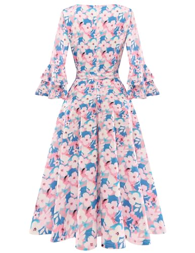 Image of DRESSTELLS Women's Cocktail Dress Summer Wedding Guest Party Vintage 3 /4 Bell Sleeve V Neck A-Line Dress