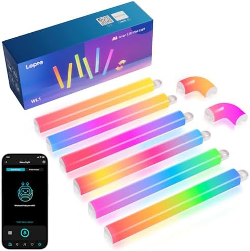 Lepro WL1 AI Glide Wall Lights, Work with Alexa/Google Assistant RGBIC LED Wall Light, Personalized AI Lighting Designer, Segmented DIY, Smart LED Lights for Gaming, TV LED Backlight, 6 Pcs+2 Corners