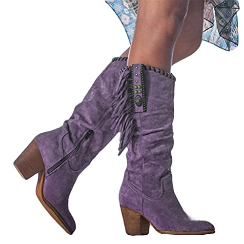 Onsoyours Botas hasta la Rodilla Holgadas para Mujer Punta Puntiaguda con Cremallera Lateral Botas de Tacón Medio GruesoBotas con Flecos Retro Botas Gruesas de Tacón Alto Violeta 38