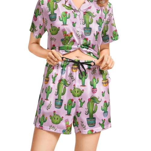 Image of Funny Pajamas for Women Set Print Satin Loungewear Pjs Short Sleeve Button Down Top and Shorts Sets Sleepwear XS-3XL
