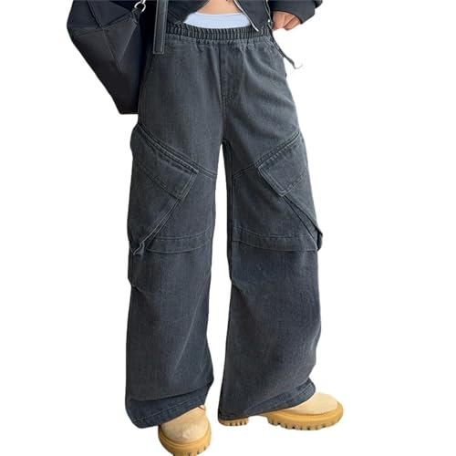 Kids Denim Cargo Pants Big Pocket Loose Fit Trousers Toddler Baby Girls Waist Tightener Elastic Stretchy Summer Jeans