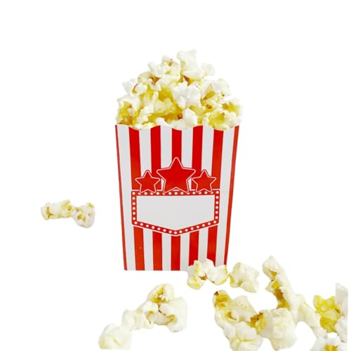 A Little Extra Co Paquete de 100 mini cajas desechables para palomitas de maíz, 4 pulgadas de alto, diseño de rayas rojas y blancas, fiestas, noche de cine, aperitivos, mini caja, con caja de nombre
