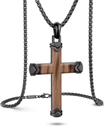 RTZN Wooden Cross Necklace for Men Premium Handcrafted Natural Ebony Mens Wood Cross Necklace Pendant with 3mm Stainless Steel Box Chain 22 + 2 Inch (Black)