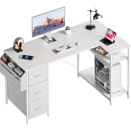 HLONONE Eckschreibtisch mit 3 Stoffschubladen, 120 x 80 cm Computertisch mit Stauraum, Schreibtisch L Form mit Seitentasche, PC Tisch mit Ablagefächer für Büro, Gaming und Home Office, Weiß