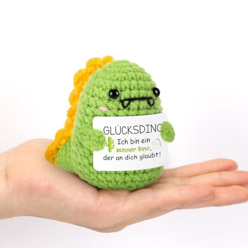 HUKUMA Positive Geschenke Dino Kuscheltier,Gehäkeltes Emotional Support Geschenk,Positives Dinosaurier,Stress Relief Gifts,Positive Crochet Animals,Pocket Hug Dinosaur Support Mental Health