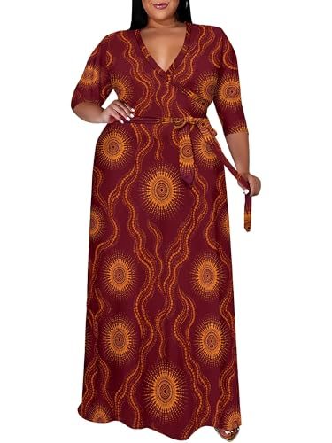 Image of PinkPatty Women's Plus Size Maxi Dress Print 3 /4 Sleeves V Neck Party Sundress Wedding Guest Dresses