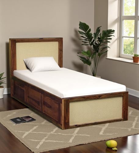 Image of Solid Sheesham Wood Jaipori Single Bed with Box Storage | Wooden Single Bed Cot Palang Furniture for Bedroom Living Room Home and Hotel (Provincial Teak Finish)