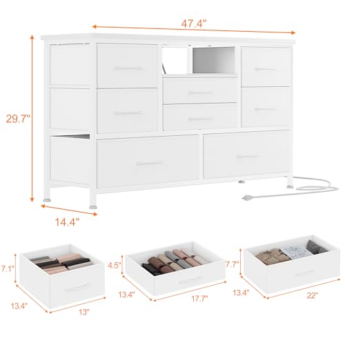 Jojoka 8 Dresser TV Stand with Power Outlet & LED for 55'' TV, Long Dresser for Bedroom with 8 Deep Drawers, Wide Console Table for Storage in Closet, Living Room, Entryway, Wood Top (White)