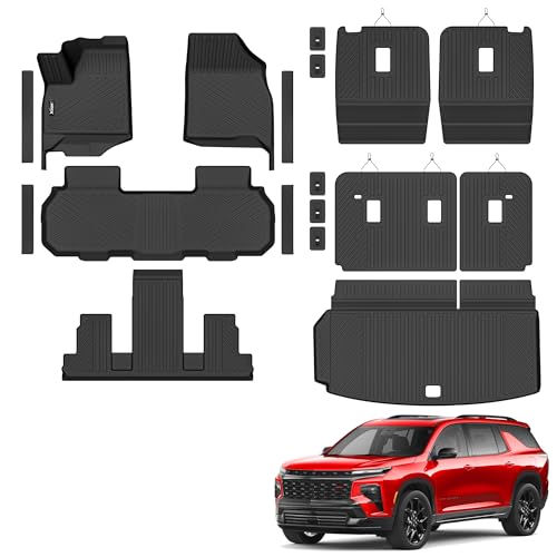 Floor Mats &Trunk Mat for 2024 2025 2026 Chevy/Chevrolet Traverse 7 Seats with 2nd & 3rd Row Backrest Mat All Weather TPE Rubber Cargo Liner Door Sill Guards for Chevy Traverse 2026 Accessories