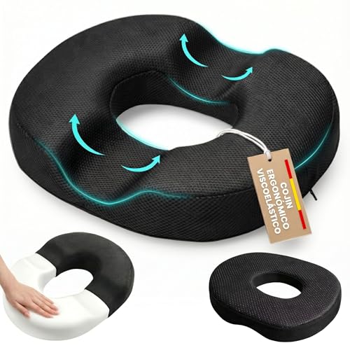 AYALMA Cojín Ergonómico Viscoelástico de Coxis con Forma de Dónut – Ideal para Silla de Oficina, Coche y Teletrabajo en Jornadas Largas – Funda Transpirable Extraíble y Lavable a Máquina