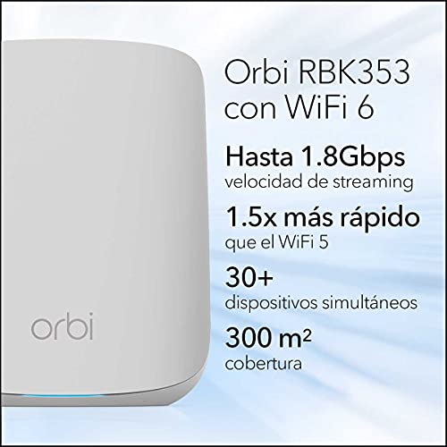 NETGEAR-Orbi-Mesh-WiFi-6-RBK353-Sistema-de-doble-banda-compuesto-por-1-router-y-2-extensores-satelite-Cobertura-de-hasta-300-m-y-mas-de-30-dispositivos-AX1800-hasta-18-Gbps