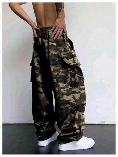 OYOANGLE Men's Camo Print Baggy Cargo Pants Elastic Drawstring Waist Wide Leg Trousers Streetwear2