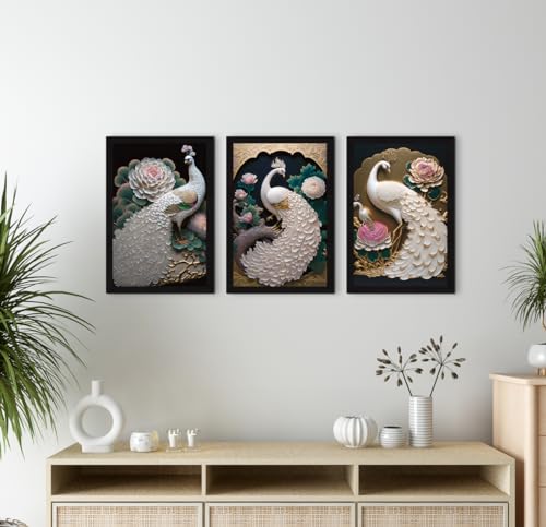 Image of ArtX Paper Peacock Painting For Wall Vastu For Living Room Decoration Big Size, Framed Painting for Wall Decoration, Wall Decor For Bedroom, Multicolor, 12x18 inches, Set Of 3