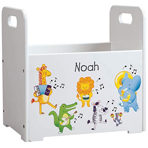 Fox Valley Traders Custom Kids Wooden Book Caddy, Customized Children’s Book Storage Bin, Musical Animals Design