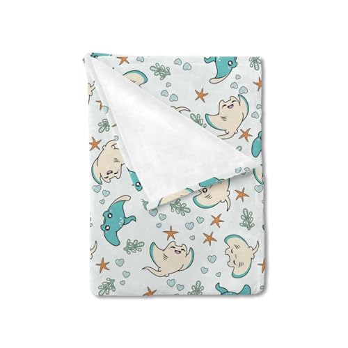 Image of HawSkgFub Sea Animal Manta Ray Starfish Baby Blanket Boy Girl Gift, Blue Ocean Creature Marine Life Flannel Fleece Nursery Bed Blankets, Soft Lightweight Newborn Infant Toddler Kids Crib Bedding 40x50