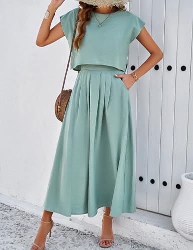 Image of HangNiFang Summer Skirt Sets Women 2 Piece Outfits Cap Sleeve Top Elastic Waist Maxi Dress Sets with Pockets