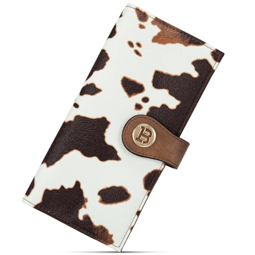 Image of BOSTANTEN Slim Wallet Women Leather RFID Blocking Credit Card Holder Bifold Thin Wallet with Zipper Pocket Brown Cow Print