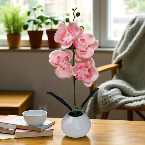 Image of CURATED CART Flower Pot with Artificial Flowers - Orchid Peach Flower with White Vase | Ideal for Home Decor | Office Decor | Gifting | Size 36 x 9cm