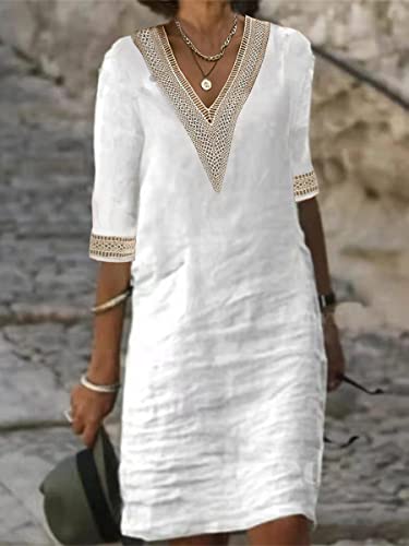 Image of TS Women's Half Sleeve V-Neck Lace Ruffled Summer Dress Casual Ethnic Solid Basic Fashion Mid-Length Gifts