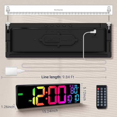 Image of 16.5 inch Large Digital Wall Clock: 11 RGB Color LED Display with Remote Control, Auto DST, Temperature & Date, Big Number Wall Clock for Seniors, Classroom, Office, Gym, Home Decor Black