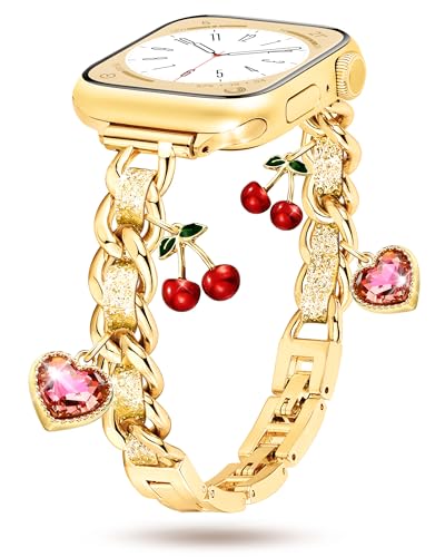 Image of Slim Gold Metal Band Compatible with Apple Watch Bands for Women 38mm 40mm 41mm 42mm 44mm 45mm 46mm, Dressy Designer Charm Bracelet Thin iWatch Bands for SE 3 2 1 Series 11 10 9 8 7 6 5 4 3 2