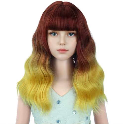 Image of Flame Wig Fire Wig with Bangs Short Wavy Curly Wigs Synthetic Cosplay Hair Wigs