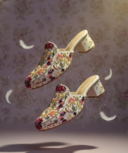 Image of Women's Hand-Embellished Floral Mules - Ornate Beaded Low Block Heel Slides - Artisanal Sequin & Threadwork Ethnic Party Shoes - Off-White /Magenta /Gold (UK Footwear Size System, Adult, Women, Numeric, Medium, 5)