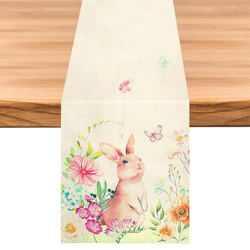 Chemin de Table Pâques, ZoneYan 32x225cm Chemin de Table avec Fleurs Lapin Œuf, Deco Table Paques Printanières (A)