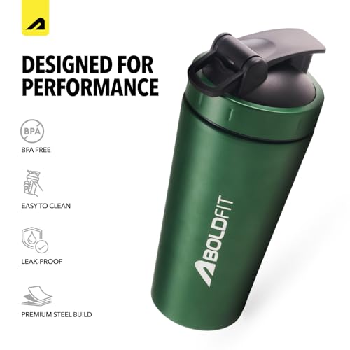Image of Boldfit Stainless Steel Protein Shaker Bottle 750ml with Glass Window, Leakproof Metal Shaker for Gym with Blender Ball, BPA-Free, Odor-Resistant, Heavy-Duty Mixer for Pre & Post Workout Supplements