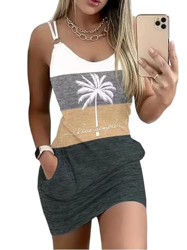 Image of Live Simple Coconut Tree Color Block Mini Dress for Women Summer Beach Vacation Tank Dresses Sleeveless Short Dress