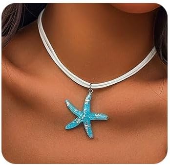 Boho Starfish Necklace Starfish Pendant Choker Layered Starfish Necklace White Velvet Choker Necklace Summer Beach Jewelry for Women