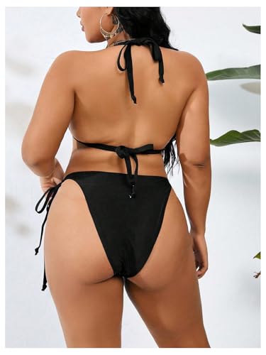 MakeMeChic Women's Plus Size Bikini Set Halter Triangle Tie Back Thong Swimsuits2