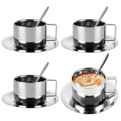 LDHHYH 4 Pack Stainless Steel Coffee Cups Set, 7 oz Coffee Mugs with Spoon and Saucer, Double Walled Coffee Mugs Drinkware Metal Coffee Mug for Latte, Cappuccino, Milk