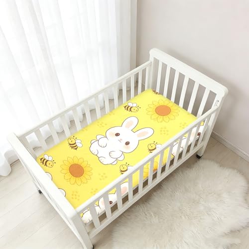 Draps de berceau en coton doux extensible jaune motif lapin