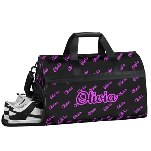 Custom Sport Duffel Bags with Shoe Compartment Personalized Name Travel Overnight Bag Waterproof Dance Bag Lightweight Carry-On Tote for Women Men, Black Pink