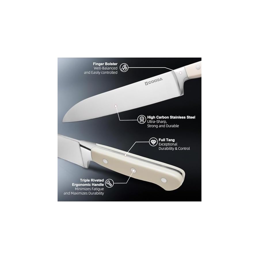 GOODA-Knife-Set-with-Block4-Pieces-High-Carbon-Stainless-Steel-Kitchen-Knife-set-Dishwasher-Safe-with-Sharp-Blade-Forged-Triple-Rivet-Ergonomic-HandleWhite GOODA Knife Set with Block,4 Pieces High Carbon Stainless Steel Kitchen Knife set Dishwasher Safe with Sharp Blade Forged Triple Rivet Ergonomic Handle,White
