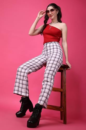 Image of POPWINGS Casual Check Print Button and Zip Closure Trouser for Women | Western Wide-Leg Trouser for Women | Summer Trousers for Women | Comfortable Semi-Formal Work Trouser for Women
