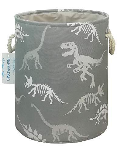 Image of Round Thick Laundry Basket Collapsible Organizer Boys Dinosaur skeleton | Canvas Foldable Storage Hamper Sturdy Rope Handles for Household Gift Baskets Bedroom Clothes Toys Children Nursery
