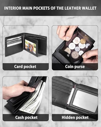 Genuine Leather Wallet for Men, RFID Blocking Slim Bifold with ID Window, Coin Slot, and Large Capacity (Black)4
