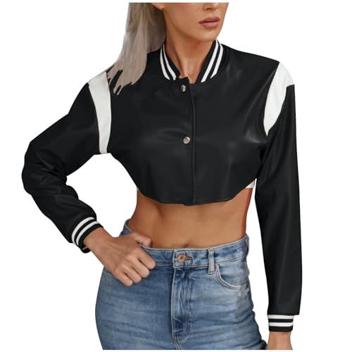 Women's Cropped Faux Leather Jackets Short Bomber Motorcycle Coats Colorblock Crop Moto Biker Jacket Trendy Clothes