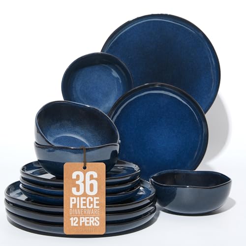 Image of Extra Large Dinnerware Set for 12, 36 Pieces Ceramic Plates and Bowls Set, Kitchen Dish Set, Microwave & Dishwasher Safe Dishware, Ocean-Inspired Stoneware for Big Gatherings, Starry Blue